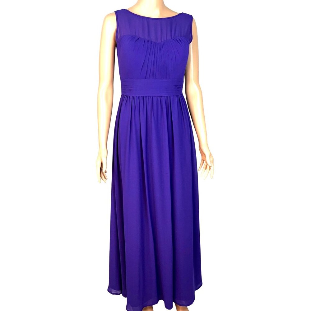 Bill Levkoff Purple Sleeveless Ruched Chiffon Gown With Sheer Neckline & V-Back
